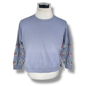 Boden Interest Sweatshirt Women's Small Blue Floral Cotton Embroidered Flowers
